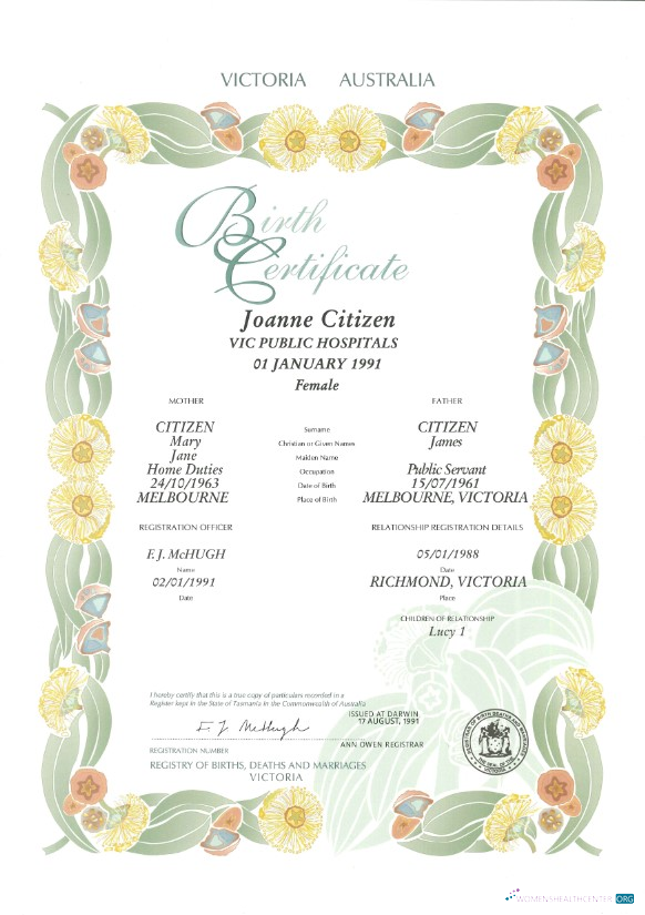 Download Australia Victoria state decorative (commemorative) birth certificate template in PSD Photoshop template